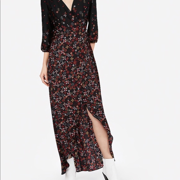 Express Women’s Floral Maxi Dress Striking High Low Surplice Faux Wrap V-Neck - Picture 5 of 13